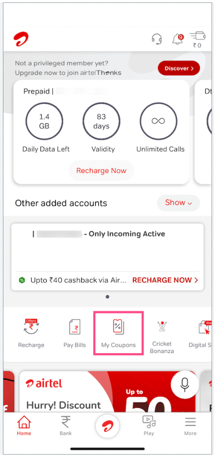 Airtel Thanks App Click on the “My Coupon