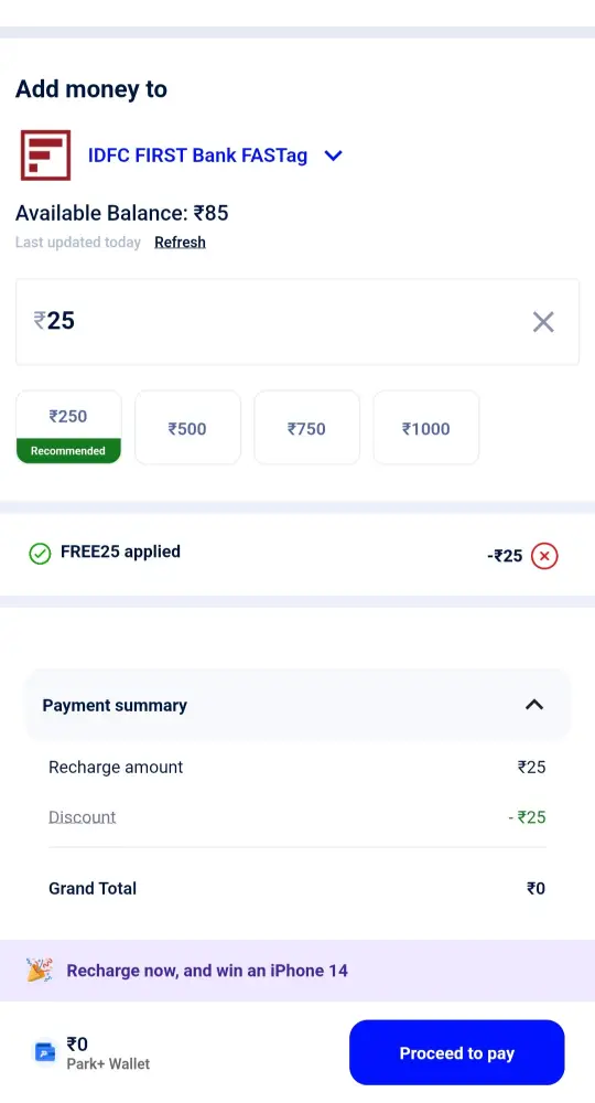 Park+ FasTag Free Recharge Proof