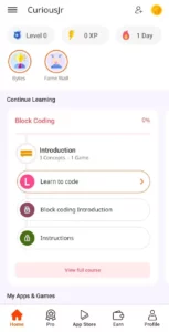 Curious Jr Coding App dashboard