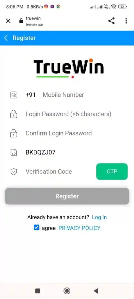 Register on TrueWin.App