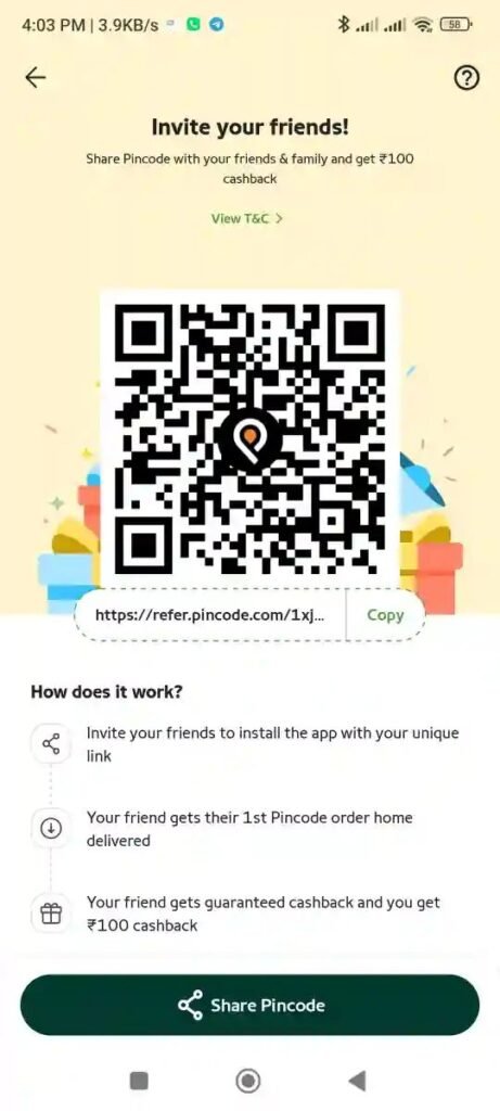 pincode app Refer and Earn ₹100 Offer