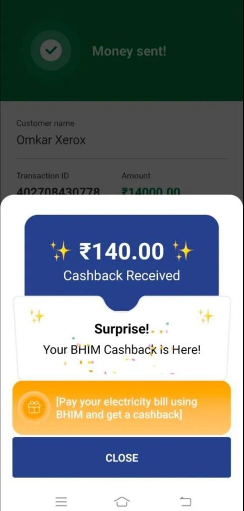 Bhim UPI 140 Cashback Proof