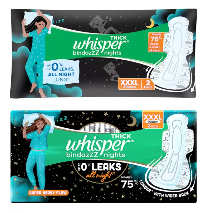 Whisper Bindazzz Nights Sanitary Pad (Pack of 2) @ Rs.1